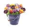 Bouquet of multicolored tulips in a vintage metal bucket
