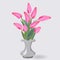 A bouquet of nine pink tulips in a small white vase