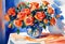 Bouquet of orange roses in a white vase watercolor painting. Bright blue shadows on the table