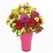 Bouquet of orchids, roses and gerberas in vase isolated on white