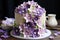 Bouquet pastries, white cake with purple flowers