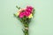 Bouquet of pink carnation flower isolated on green background Top view Flat lay Holiday card 8 March, Happy Valentine`s day,