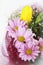 Bouquet of pink chrysanthemum flowers and yellow tulips