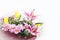 Bouquet of pink chrysanthemum flowers and yellow tulips