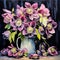 Bouquet of pink hellebore flowers in a vase on a dark background. Printable painting. Generative AI