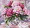 A bouquet of pink peonies in a glass vase on a table. Acrylic painting card for design and print. Flowers hand draw