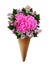 Bouquet of pink peonies and lilac flowers in a craft paper cornet