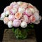 Bouquet of pink peonies and peony roses in a square frame