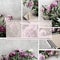 Bouquet of pink peony and notepad with pen. Collection of seven images.