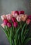 Bouquet of pink and red tulips, green leaves on a gray background. Flowering flowers, a symbol of spring, new life