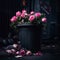 Bouquet of pink roses thrown into street garbage can. Black and dirty garbage can with roses thrown there.
