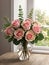 Bouquet of pink roses in a vase on the windowsill