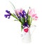 Bouquet of pink tulips, violet iris and muscari in the pot