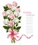 Bouquet of pink and white roses and pink ribbon.
