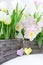 A bouquet of pink and white tulips in a wooden box and a paper hearts of yellow and lilac color on a white background