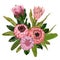 Bouquet with protea flowers, buds and leaves. Decorative holiday floral background.