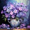 Bouquet of purple pansy flowers in a vase, square impasto oil painting. Generative AI