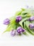 Bouquet of purpleviolet tulips on white rustic wooden backgrou