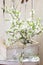 Bouquet of quince branches in a vase on wooden background