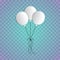 A bouquet of realistic balloons on a blue transparent background. Three white balloons on the ropes.