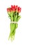 Bouquet of red tulips decorated with hearts ribbon isolated over white. Valentines Day concept