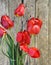 Bouquet of red tulips in a glass vase on a wooden ancient background