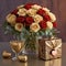 a bouquet of roses in a box with a ribbon and chocolates on the table and a gift