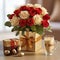 a bouquet of roses in a box with a ribbon and chocolates on the table and a gift