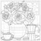 A bouquet of roses and a coffee maker with a cup.Coloring book antistress for children and adults.