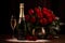 bouquet of roses on a table with a bottle of champagne by Generative Ai