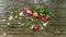 Bouquet of roses, white and pink, thrown over the wooden bridge to the lake on a rainy day