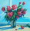 Bouquet of scarlet roses at open window with a view of the sea,