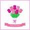 Bouquet of seven pink tulips against a background of rays. Pink ribbon with a birthday.