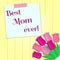 Bouquet of seven pink tulips, a sticker with text on the background of a yellow wood texture. Congratulations. Mothers