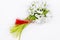 Bouquet of snow drops tied with red and white string on white background  first of march celebration martisor
