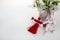 Bouquet of snowdrops and Martisor red and white dalls on shining white background. Holiday Martisor and Baba Marta