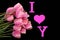 A bouquet of soft pink tulips, English letters and a heart of bright pink on a black background. Expression I LOVE YOU. Concept of