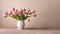 Bouquet of spring tulips pink and yellow in a white ceramic vase. Congratulations on Mother\\\'s Day, Easter, March 8