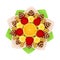 Bouquet of Striped Sweets and Chocolate Covered Candies with Orange Slice in the Middle in Paper Wrap View from Above