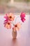 A bouquet of summer cosmos flowers in a vase. Pink Cosmea flowers in the rays of sunlight