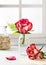 Bouquet of summer red roses in glass vase near the window. Floral still life in vintage style.