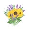 Bouquet of sunflower, lavender, leaves watercolor illustration, floral composition, summer plant arrangement symbol of French
