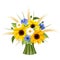 Bouquet of sunflowers, daisies, cornflowers and ears of wheat. Vector illustration.