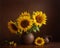Bouquet of sunflowers in mud pot on wooden table