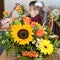 Bouquet teacher on September 1. Beginning of the school year. A bright bouquet of sunflowers, mountain ash, roses. Classroom