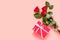 Bouquet of three red roses and gift box with white bow knot on pink background. Mother`s, women`s or Valentine`s day greeting.