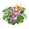 Bouquet with tropical flowers  floral arrangement with beautiful  Orchid Dendrobium  and Strelitzia palm,philodendron and ficus