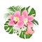 Bouquet with tropical flowers floral arrangement, with beautiful pink orchids cymbidium, palm,philodendron and Brugmansia vintag