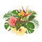 Bouquet with tropical flowers floral arrangement with beautiful pink and yellow hibiscus and Strelitzia palm,philodendron and fic