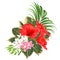 Bouquet with tropical flowers floral arrangement, with beautiful red hibiscus and pink orchids cymbidium Ficus benjamina and ficus